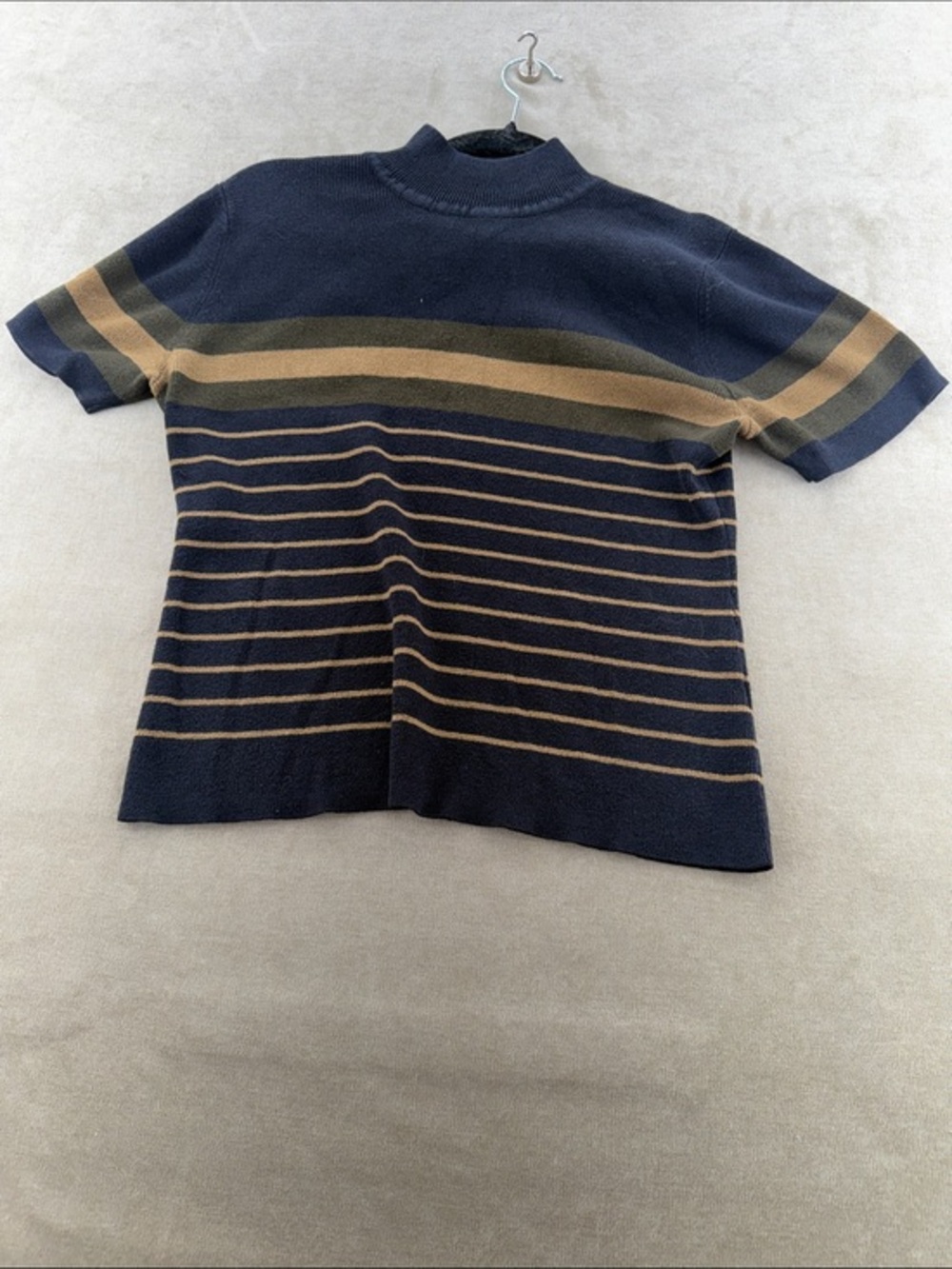 cleo Navy & Brown Striped Short-Sleeve Mock Neck Sweater
